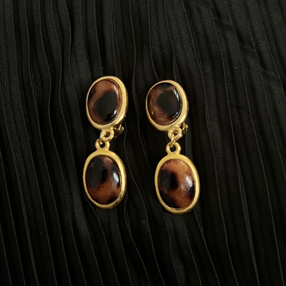 VINTAGE 80s/90s GOLD TORTOISESHELL DROP CLIP ON STATEMENT EARRINGS